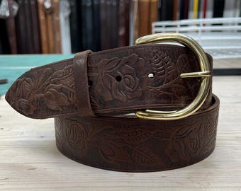 SALE | Tooled Brown Leather Belt 2&quot; Wide | Brown Statement Belt 50mm | Thick Leather Belt