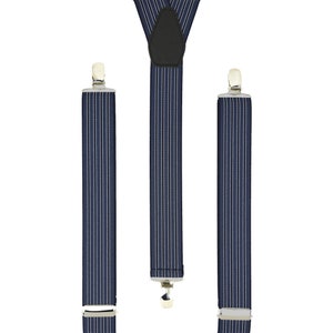 Men&#39;s Navy Pin Stripe Braces  | Unisex Elastic Clip on Trouser Braces | Novelty Hipster Suspenders for Men
