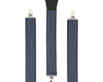Men's Navy Pinstripe Suspenders, Handmade Elastic Adjustable Clip-On Braces