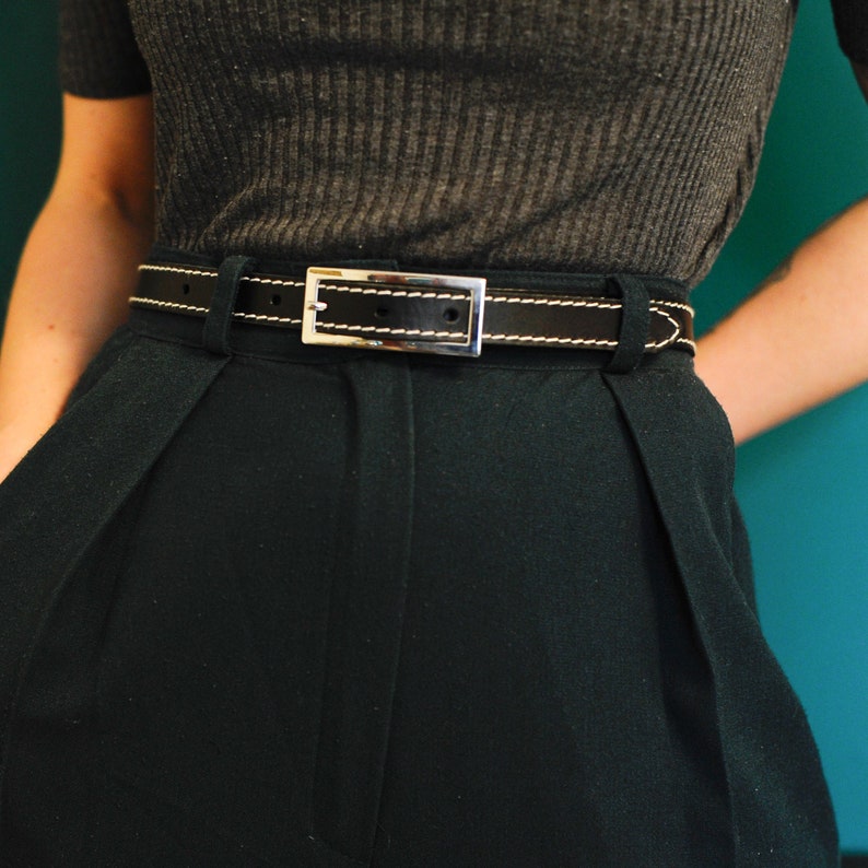 Skinny Leather Belt SALE Black Leather Belt Stitched Leather Belt Contrasting Decorative Stitch