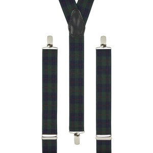 Men&#39;s Green & Navy Tartan Braces | Unisex Elastic Clip on Braces | Novelty Hipster Suspenders for Men | Trouser Braces