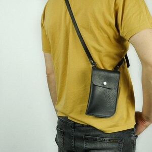 Black Leather Phone Pouch Handmade Leather Sling Bag Leather Neck Pouch Phone Holder image 6