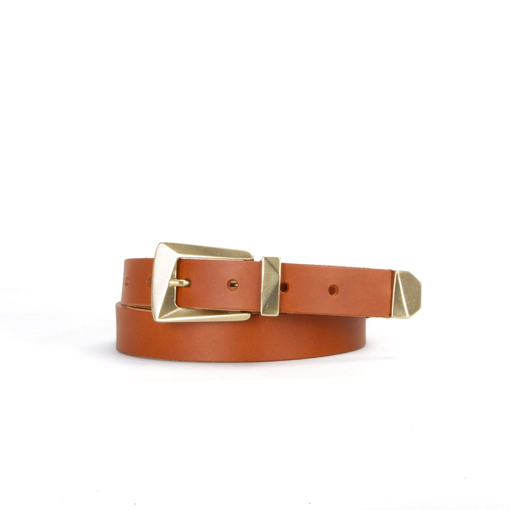 Tan Leather Belt with Gold Triangle Buckle. Medium to large ClaudiaG Collection Women main image 3