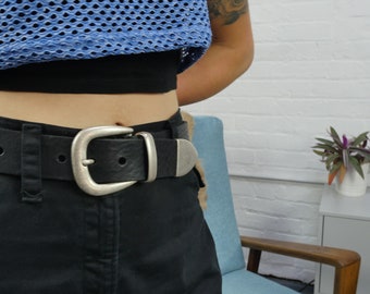 Black Leather Cowboy Belt // Western Belt // Silver Tipped 1 1/2" 3 Piece Buckle Black // 38mm Real Leather