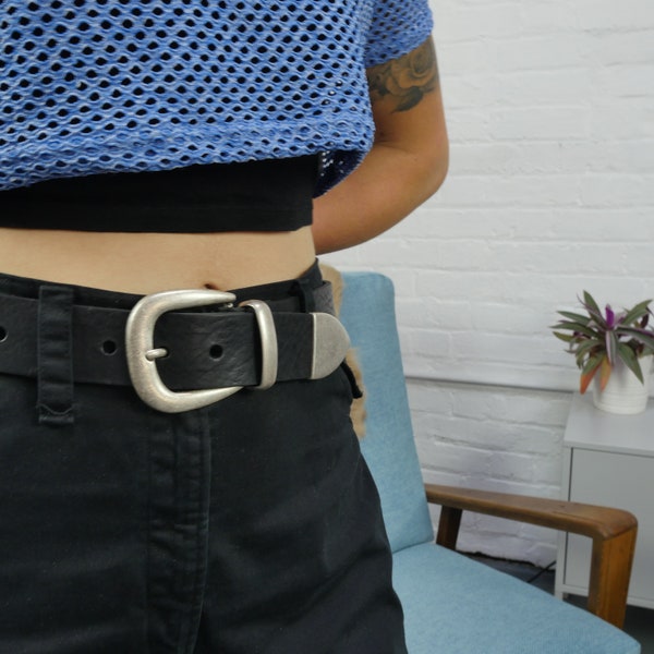 Black Leather Cowboy Belt // Western Belt // Silver Tipped 1 1/2" 3 Piece Buckle Black // 38mm Real Leather