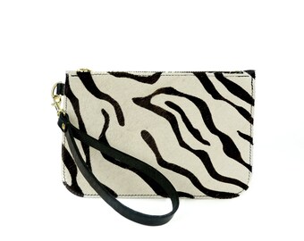 Zebra Hair on Hide Leather Clutch Bag Handmade //  Fur Leather Wristlet Purse