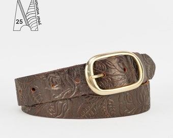 Brown Embossed Leather Belt 1 1/4" // Brown Classic Trouser Belt // 32mm // 1.25" // Unisex Belt Tooled