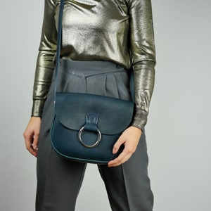 Navy Leather Luxury Handbag | Veg Tan Leather Saddle Bag | Vintage Style Crossbody Bag | Metal Ring