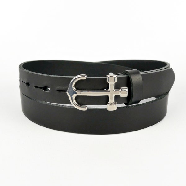 Black Leather Belt with Anchor Buckle 1" // 25mm Handmade Belt // Nautical Style Italian Veg Tan Leather Belt // Womens Belt