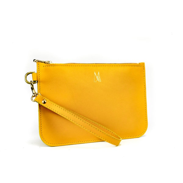 Yellow Leather Clutch Bag Handmade // Soft Italian Leather Wristlet // Roam