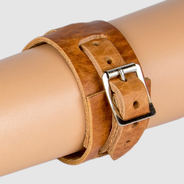 Einzelband Tan Armband | Handgemachte Retro-Armband | Unisex Leder Handgelenk Manschette