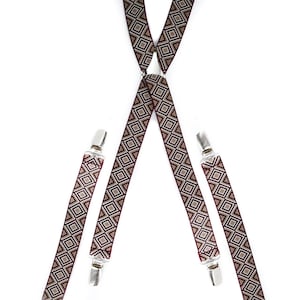 Red Mosaic Skinny Braces // Handmade Elasticated Men&#39;s Suspenders // Elastic Adjustable Trouser Braces Clip On