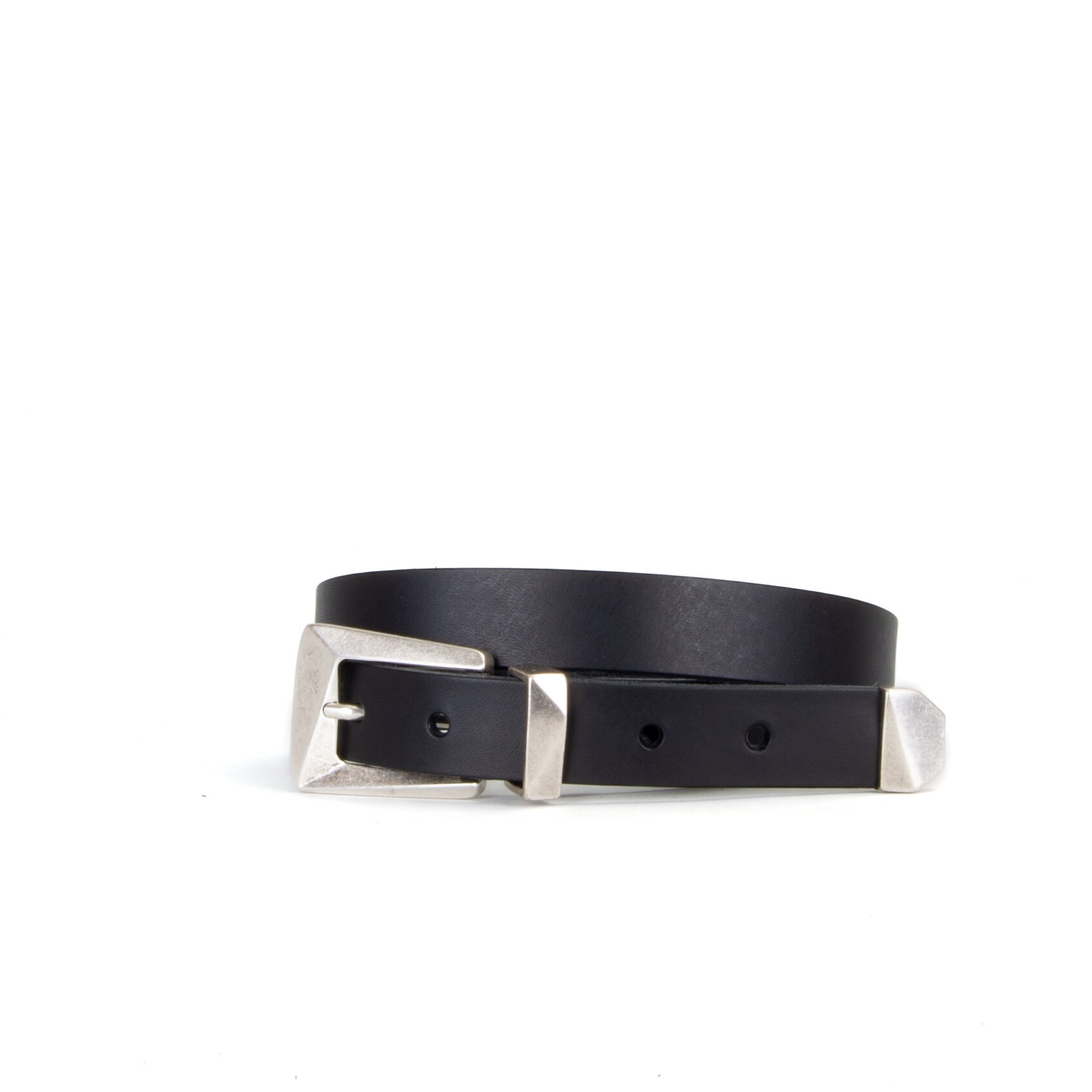 Handmade Geometric Black Leather Belt, Silver Buckle Loop 