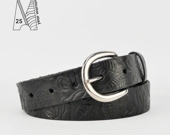 Black Embossed Leather Belt 1 1/4&quot; | Veg Tan Leather Belt | 32mm 1.25&quot; Unisex Tooled Leather Belt Jeans