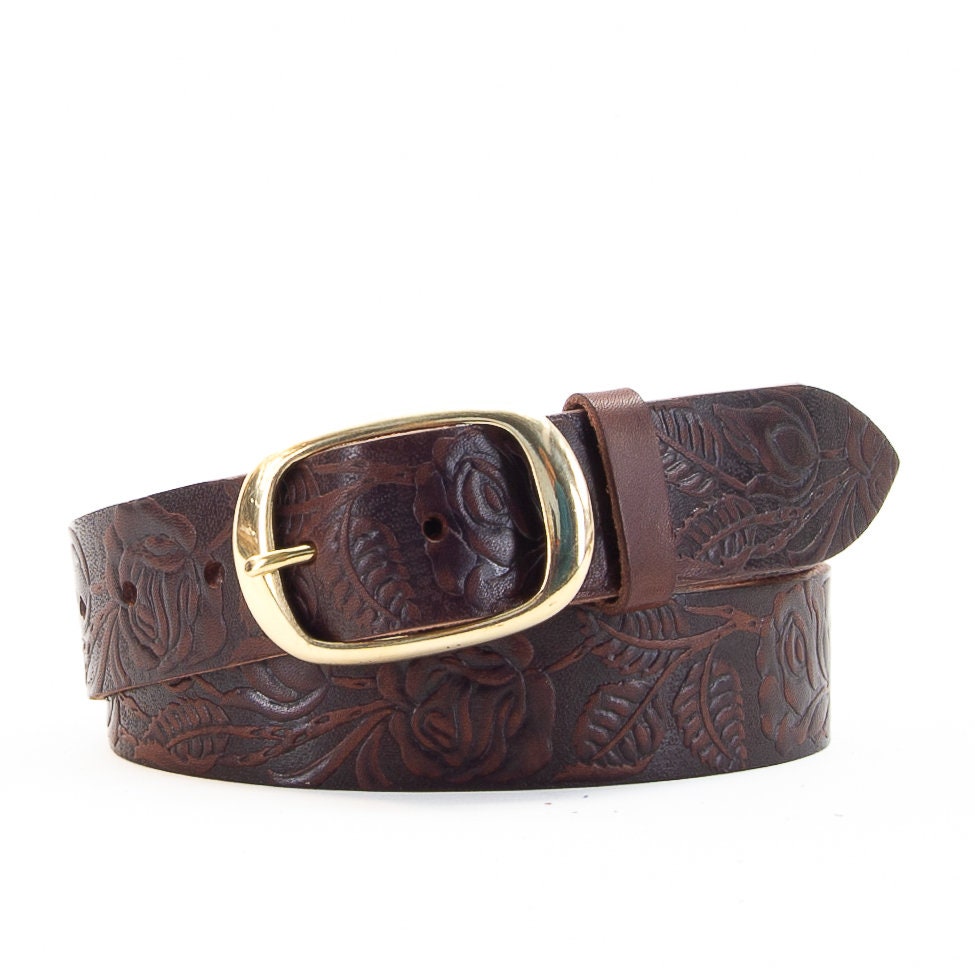 Leather Flower Embossed Brown Belt with Gold Buckle Artisan Handcrafted Flower Bell Leather Belt - Cellar Leather main image 3