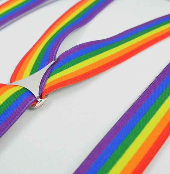 Children's Rainbow Skinny Braces // Kids Pride Flag Elastic Clip on Braces  // X Back Elasticated Suspenders // Handmade Pride Braces 