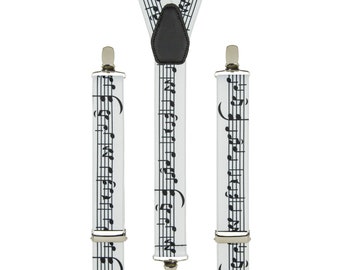 Men's Music Notes Braces | Unisex Elastic Clip on Braces | Novelty Hipster Suspenders for Men | Trouser Braces