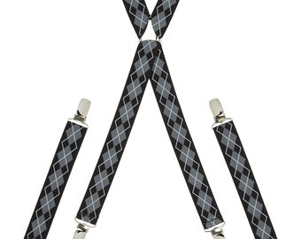 Argyle Black and Grey Skinny braces // Elastic Adjustable Trouser Clip On Braces // Handmade Elasticated Men's Suspenders