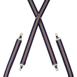 Skinny Elastic Navy Striped Trouser Braces Clip On // Handmade Adjustable Elasticated Men&#39;s Suspenders