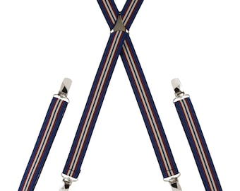 Skinny Elastic Navy Striped Trouser Braces Clip On // Handmade Adjustable Elasticated Men's Suspenders