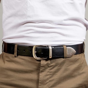 Handmade Black Leather Cowboy Belt, Silver Loop and Tip, 1 1/2" Full Grain Veg Tan