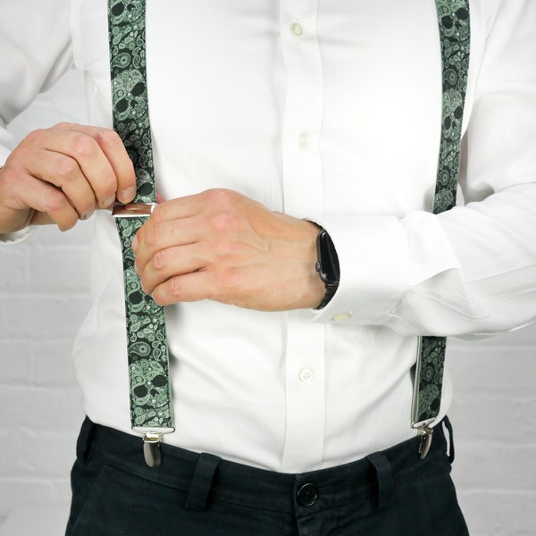 Tirantes elásticos ajustables con clip, hechos a mano, con diseño de calavera de cachemira verde