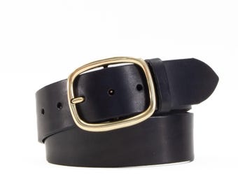 Handmade Black Leather Belt, Full Grain Italian Veg Tan, 44mm (1 3/4"), Interchangeable Buckle