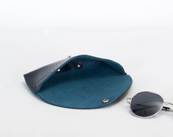 Handmade Navy Leather Glasses Case, Full Grain Italian Veg Tan Sunglasses Pouch