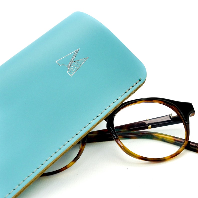 Leather Glasses Case // Light Blue Handmade Leather Spectacles Case // Bright Sky Blue Sunglasses Pouch // Chroma image 8