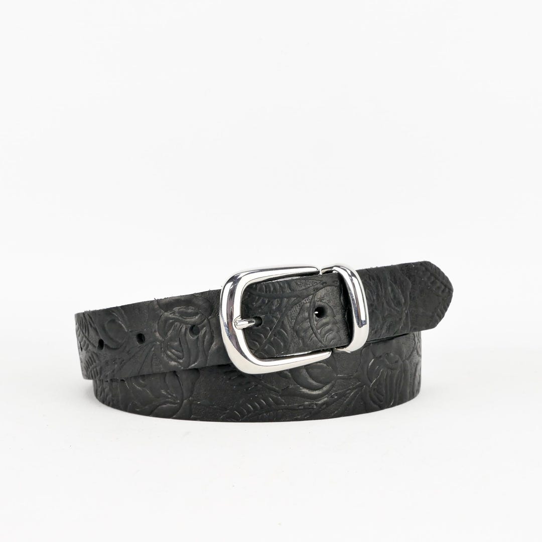 Handmade Floral Embossed Black Metal Loop Leather Belt, Italian Full Grain Veg Tan, 30mm (1 1/8") - Etsy