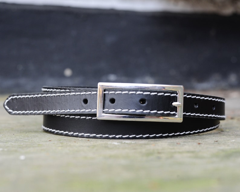 Skinny Leather Belt SALE Black Leather Belt Stitched Leather Belt Contrasting Decorative Stitch