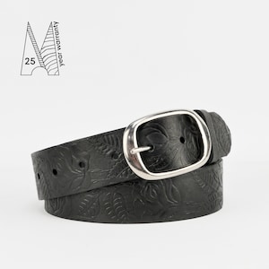 Black Leather Belt 1 1/2&quot; | Tooled Leather Belt | Embossed Leather Belt | 38mm 1.5&quot; | Mens Leather Belt | Womens Leather Belt