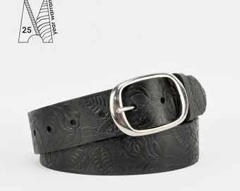 Black Leather Belt 1 1/2" | Tooled Leather Belt | Embossed Leather Belt | 38mm 1.5" | Mens Leather Belt | Womens Leather Belt