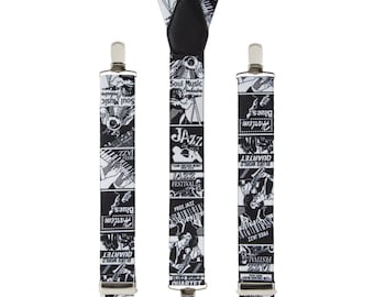 Men's Jazz Braces, Unisex Black and White Novelty Suspenders, Elastic Clip On