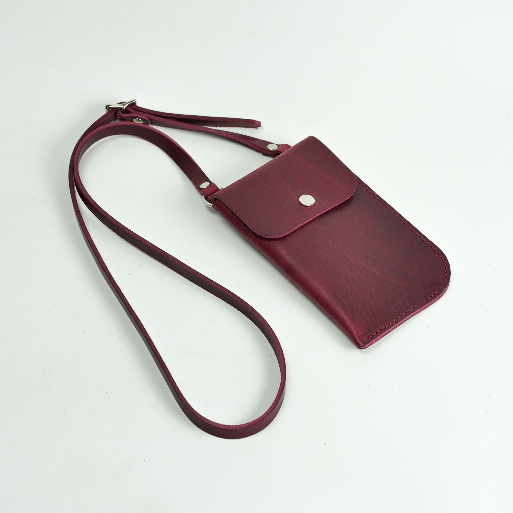 Burgundy Leather Phone Holder Handmade Sling Bag Phone Pouch