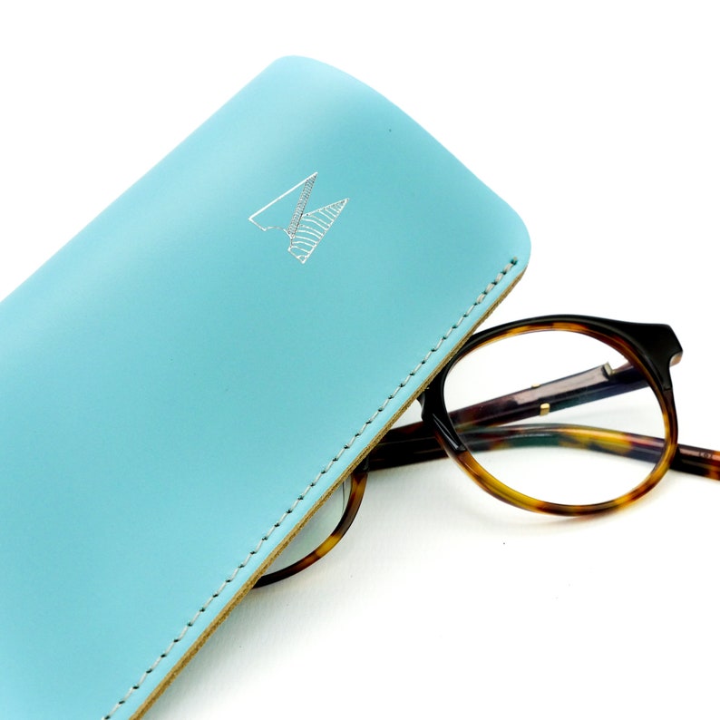 Leather Glasses Case // Light Blue Handmade Leather Spectacles Case // Bright Sky Blue Sunglasses Pouch // Chroma image 4