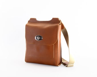 Tan Leather Crossbody Bag | Soft Leather Messenger | Veg Tan Turnlock Handbag