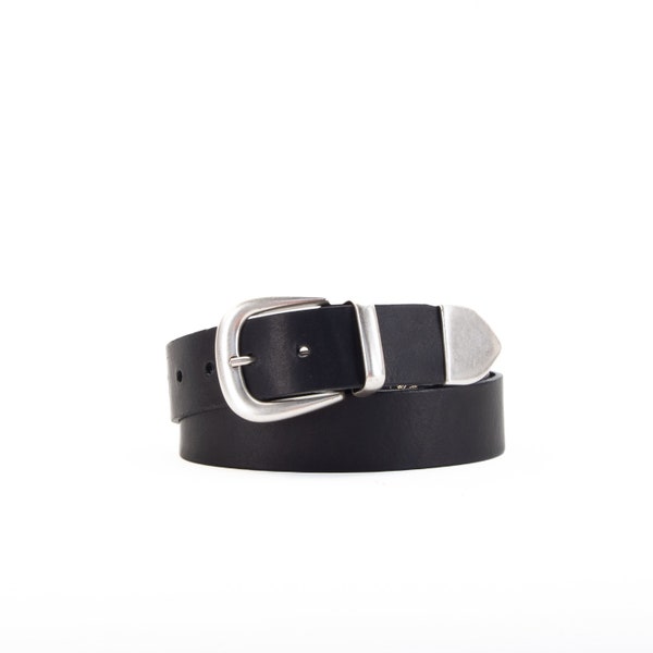 Black Leather Cowboy Belt // Western Belt // Silver Tipped 1 1/2" 3 Piece Buckle Black // 38mm Real Leather