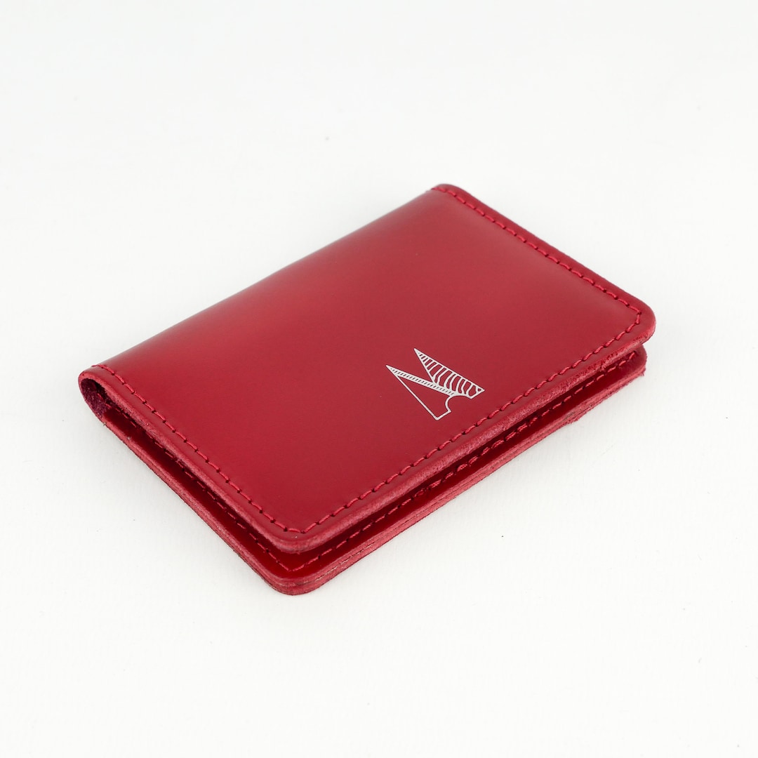 Red Leather Card Holder Handmade // Slim Credit Travel Card Wallet