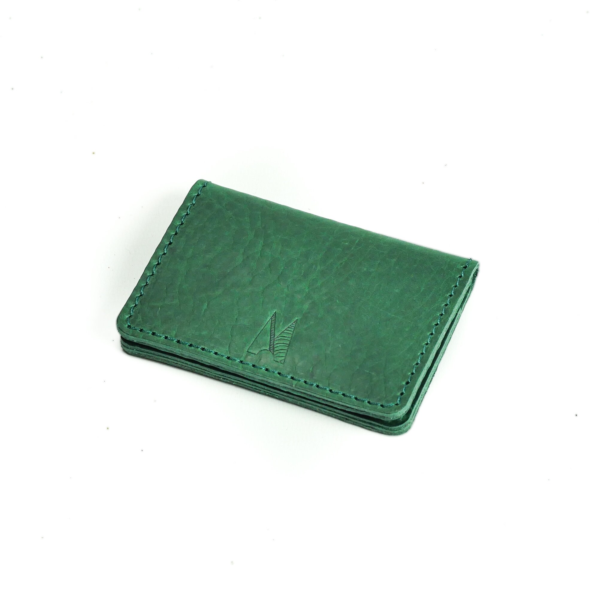 Handmade Green Leather Card Wallet, Slim Vegetable Tanned Leather