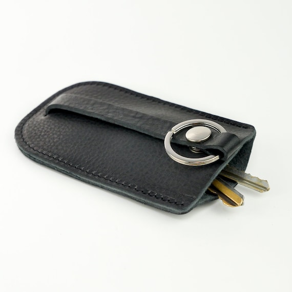 Black Genuine Soft Leather Popper Fastened Secure Key Case 6 Hooks 
