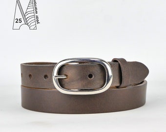 Brown Leather Belt 1" // Full Grain Leather Belt Brown // 25mm Womens Belt // skinny Mens Belt