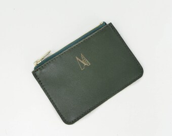 Monedero con cremallera hecho a mano de cuero verde oliva // Monedero de tarjeta pequeño y suave // Roam