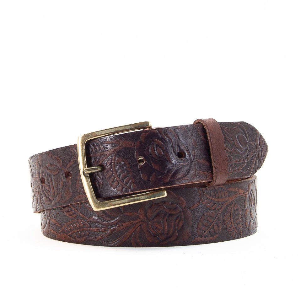 Fiorucci Italy Leather Double Strap Belt Vintage Embossed Brass Floral Accents Custom Sheridan Floral Leather Belt: Full Grain Cowhide  main image 3