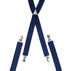 Polka-Cross Navy and Cream Skinny Braces // Elastic Adjustable Men&#39;s Suspenders // Handmade Elasticated Clip On Trouser Braces