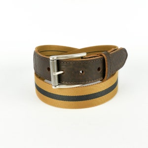Leather Trimmed Yellow and Navy Webbing Belt 35mm | Unisex Chino Belt | Canvas Sports Belt