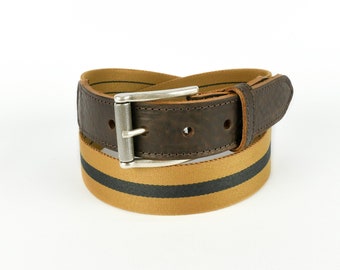 Leather Trimmed Yellow and Navy Webbing Belt 35mm | Unisex Chino Belt | Canvas Sports Belt