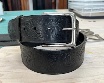 SALE | Tooled Black Leather Belt 2&quot; Wide | Black Statement Belt 50mm | Thick Leather Belt