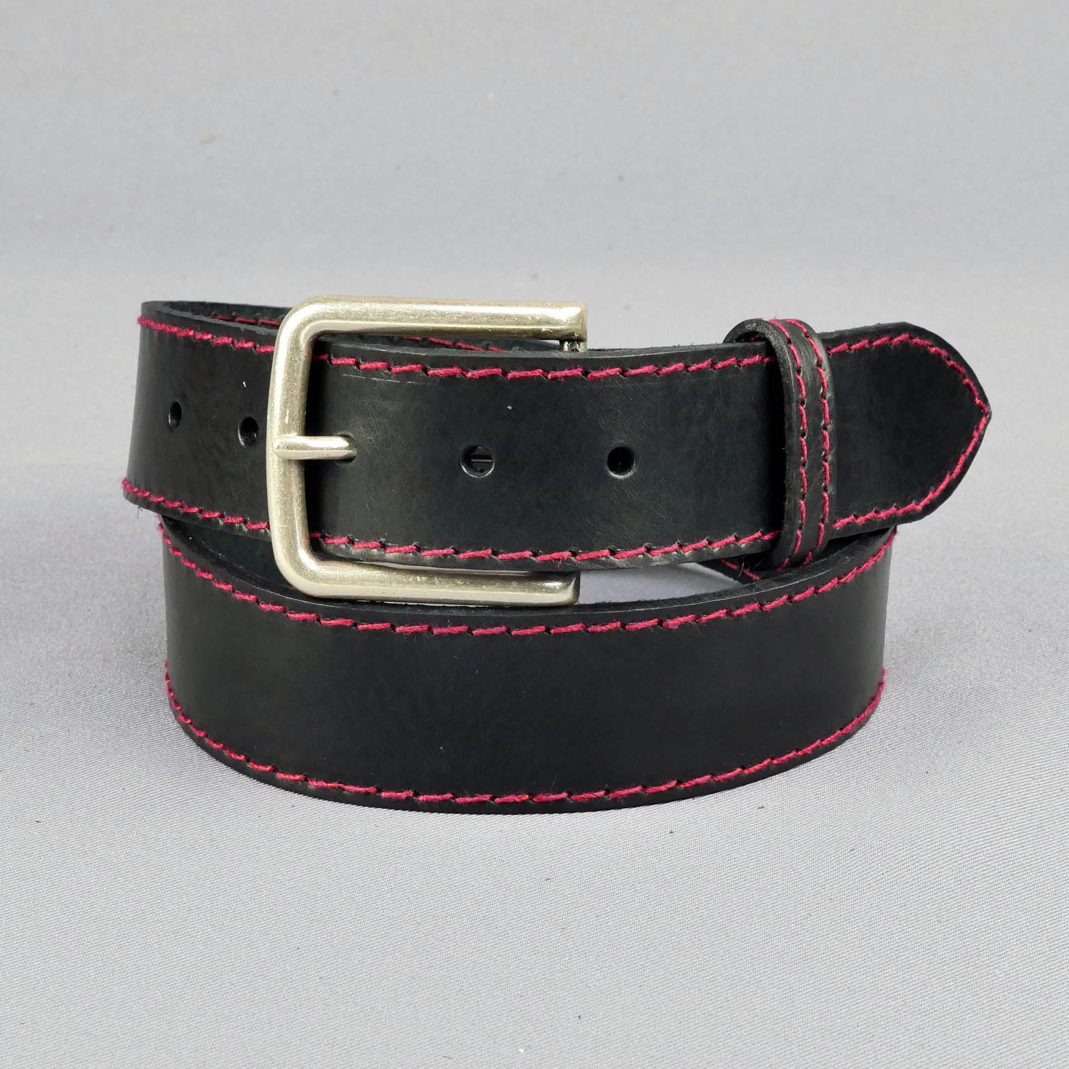 SALE Black Leather Belt Red and Black Stitched Belt - Etsy