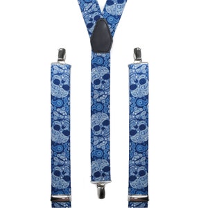 Mens Blue Skull Braces | Unisex Elastic Clip on Braces | Novelty Hipster Suspenders for Men | Trouser Braces